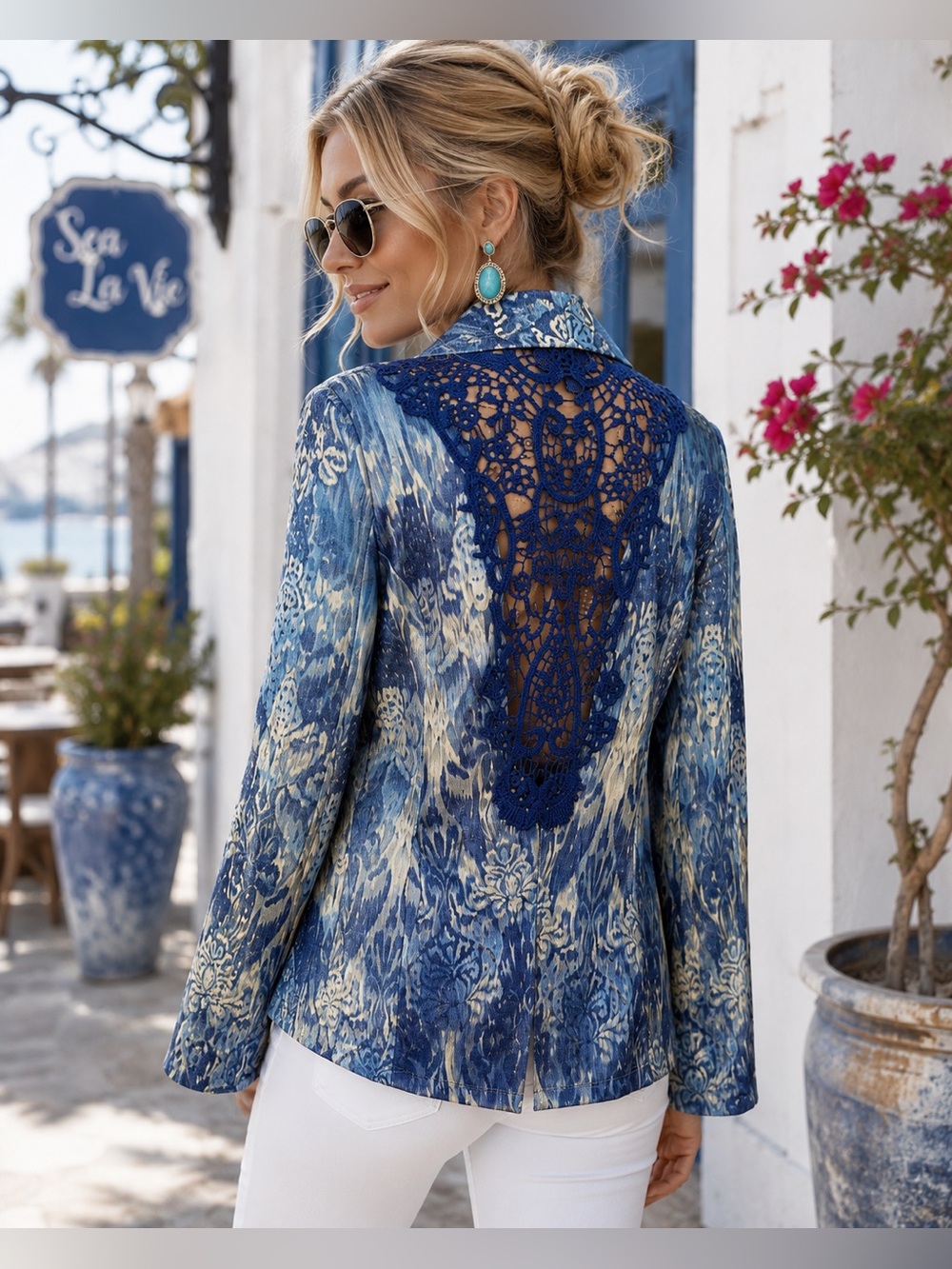 French Blue Crochet Lace Back Damask Jacket S Boutique Boho Blazer